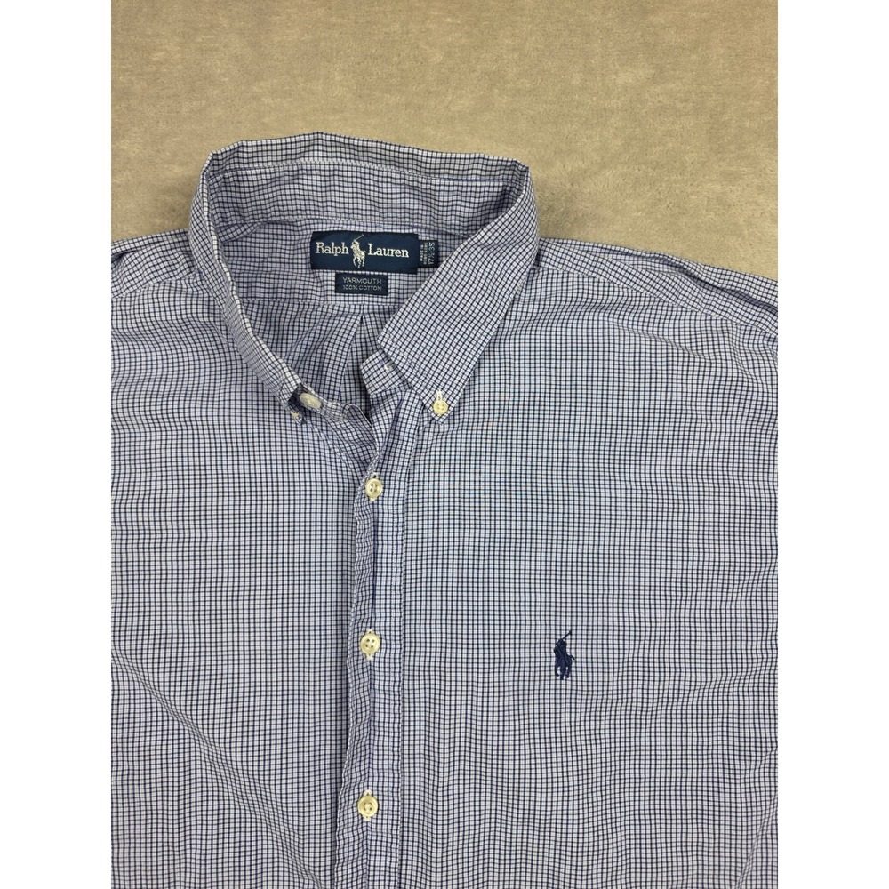 Ralph Lauren Button Down Shirt Mens 17.5 Blue Yarmouth Gingham Check‎
